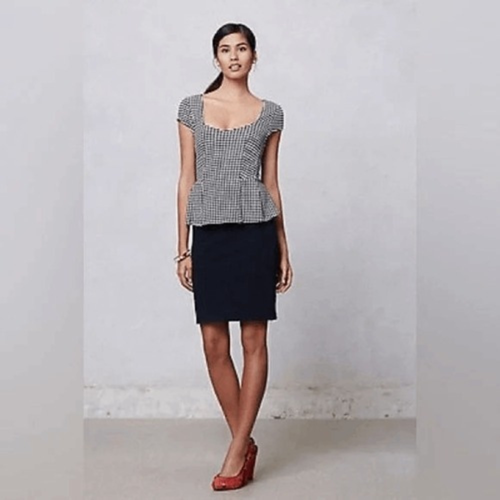 Anthropologie Postmark Navy Blue & White Preppy Peplum Textured Pencil Dress ed